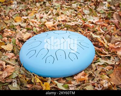 Blaue Zungentrommel aus Stahl auf einem Gras, das mit trockenen Blättern bedeckt ist, Schlaggerät, das häufig für Meditation und Tontherapie verwendet wird Stockfoto