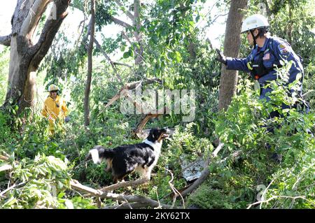 Moore, Okla., 22. Mai 2013 FEMA Federal Urban Search and Rescue Teamarbeiterin, Right, von der Nebraska Task Force 1 arbeitet mit ihrem Hund Rae bei Suchoperationen mit lokalen Ersthelfern in einer Schlucht. Ein Tornado zerstörte viele Teile der Gemeinde am 20. Mai 2013. Moore, OK, 22. Mai 2013--FEMA Federal Urban Search and Rescue Teamarbeiterin, rechts, von der Nebreska Task Force 1 arbeitet mit ihrem Hund Rae bei Suchoperationen mit lokalen Ersthelfern in einer Schlucht. Ein Tornado zerstörte viele Teile der Gemeinde am 20. Mai 2013. Fotografien zu Katastrophen und Notfallmanagement Prog Stockfoto