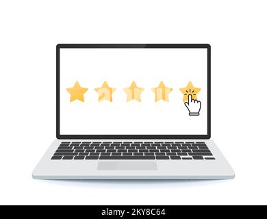 Laptop mit Produktbewertung nach Kundenwunsch mit Sternen. Computerbildschirm mit Kundenfeedback. Fünf-Sterne-Kundenrezension Stock Vektor