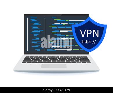 VPN-Dienst. Laptop mit Konzept einer sicheren VPN-Verbindung. Stock Vektor