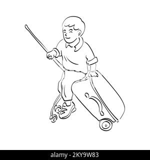 Junge sitzt im Reisegepäck Illustration Vektorhand gezeichnet auf weißem Hintergrund Strichkunst. Stock Vektor