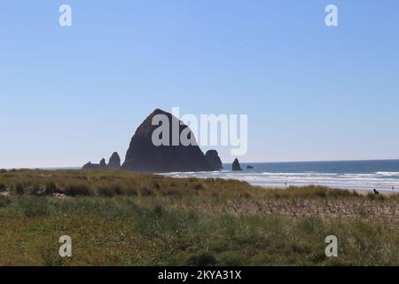 Hystack Rock, ein Naturdenkmal in Cannon Beach, Oregon. Die Stadt Cannon Beach an der Pazifikküste ist aufgrund ihrer Nähe zur Cascadia Subduction Zone anfällig für Erdbeben und Tsunamis... Fotos zu Katastrophen- und Notfallmanagementprogrammen, Aktivitäten und Beamten Stockfoto