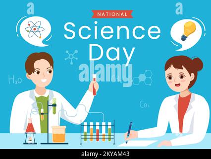 National Science Day 28. Februar über chemische Flüssigkeiten, Wissenschaft, Medizin und Forschung in flachen Cartoon handgezeichnete Vorlagen Illustration Stock Vektor