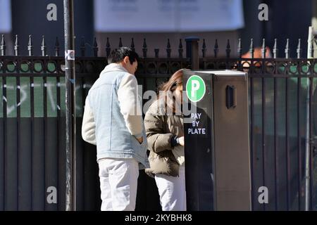 Chicago, Illinois, USA. Ein Paar kämpft mit der Komplexität der Bezahlung für Straßenparkplätze an einer städtischen Zahlstelle in der Gegend um Lake View. Stockfoto