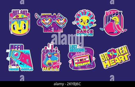 Retro-Aufkleber, isoliert auf dem Hintergrund. Zeitgenössische Vektordarstellung abstrakter Ikonen mit bunten Comic-Figuren, Emoji, Dinosaurier in Brillen, fernseher, Kassettenband, Herzbrillen Stock Vektor