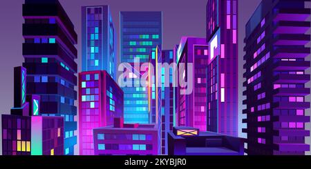 Nachtstadt mit Neonlicht vom Dach aus. Moderne futuristische Gebäude mit großer Architektur. Urbanes Stadtbild mit Wohnbauten, Cartoon-Vektordarstellung Stock Vektor