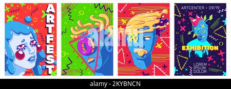 Kunstausstellungsflyer mit zeitgenössischen Porträts, abstrakte Gesichter moderner Illustration. Design für Kunstzentrum oder Festivalveranstaltung. Kreative Grafiken mit surrealen Charakteren, Cartoon-Vektorvorlagen Stock Vektor
