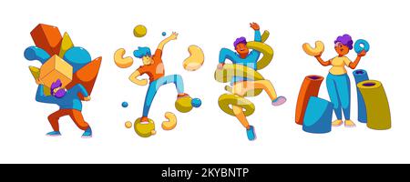 Zeitgenössische Figuren mit abstrakten geometrischen Formen. Spam-Konzept, Suchlösung, Abstraktion. Männer und Frauen mit unterschiedlichen volumetrischen Figuren, Cartoon lineare flache Vektordarstellung Stock Vektor