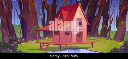 Holzpfahlhaus im Sommerwald bei Regenwetter. Alte Hütte auf Stapeln mit Terrasse auf grünem Holzfeld unter Regendusche und Bäumen um sich herum. Unbewohnte Waldhütte, Cartoon-Vektordarstellung Stock Vektor