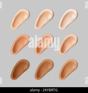 Pinselstriche mit Fundament- oder verborgenem Abstrich. Beauty Make-up Kosmetik Textur verwischen Elemente, abstrakte Spritzwasser-Trace-Formen Proben auf transparentem Hintergrund isoliert, realistischer 3D-Vektorsatz Stock Vektor