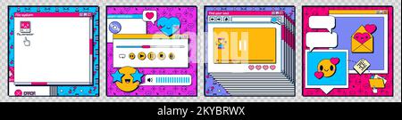 Retro-Desktop-PC-Oberfläche mit Fenstern, Ordnern, Musik-Player und lächelnden Symbolen. Vorlage für Beiträge in sozialen Medien im Y2K-Stil mit alten pc-Bildschirmelementen und Vektorgrafiken Stock Vektor