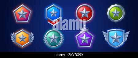 SpieleIkonen, Silbermedaillen, Stars, ui-Abzeichen mit Flügeln, Lorbeer und Krone. Isolierte Auszeichnung für Benutzererfahrung und Platzierung. Bonus, Belohnung, Erfolg und Preisvektor Illustration, Set Stock Vektor