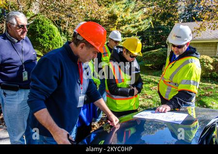 FEMA Public Assistance (PA) und Mitigation Specialists bei einem Standortbesuch mit Vertretern der Long Island Power Authority (LIPA) überprüfen Verbesserungen des Systems gemäß den Richtlinien der FEMA Storm Hardening Initiative. Die Finanzhilfeprogramme der FEMA für PA und Mitigation unterstützen staatliche, Stammes- und lokale Regierungen, damit Gemeinden schnell auf Katastrophen größeren Ausmaßes reagieren und sich von ihnen erholen können. FEMA-Spezialisten von links nach rechts: John Lyons (mit), Jake Gruber (Task Force Leader) und Nancy Pogensky (mit). New York Hurrikan Sandy. Fotografien zu Katastrophen und Notfallmanagement Stockfoto