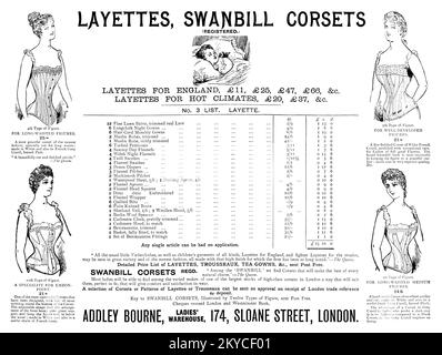 1892 viktorianische britische Werbung für Laietten und Korsetts vom Addley Bourne Ladies' Warehouse in London. Stockfoto