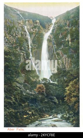 Alte Postkarte von Aber Falls; ein Wasserfall in der Nähe von Abergwyngregyn, Gwynedd in Wales. Stockfoto
