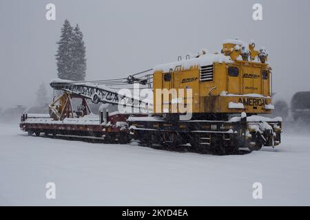 Ein BNSF American Hoist & Derrick Co., Modell 840 DE, 40-50 Tonnen, Diesel-Elektro-Lokomotivkran, im Schnee, Troja, Montana. Stockfoto