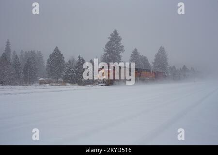 Eine BNSF GE C44-9W dieselelektrische Lokomotive, die einen Güterzug mit Öltankern fährt, die die Gleise in Troy, Montana, entlangfahren. Stockfoto