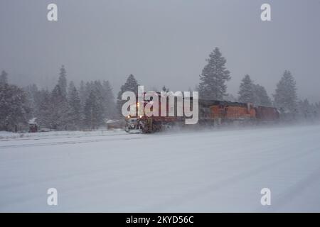 Eine BNSF GE C44-9W dieselelektrische Lokomotive, die einen Güterzug mit Öltankern fährt, die die Gleise in Troy, Montana, entlangfahren. Stockfoto