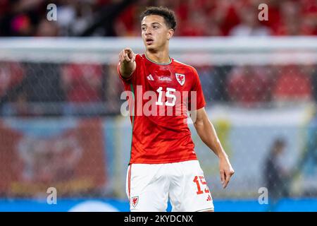 Ar Rayyan, Katar. 29.. November 2022. Fußball: Weltmeisterschaft, Wales - England, Vorrunde, Gruppe B, Spieltag 3, Ahmed bin Ali Stadion, Ethan Ampadu von Wales Gesten. Kredit: Tom Weller/dpa/Alamy Live News Stockfoto