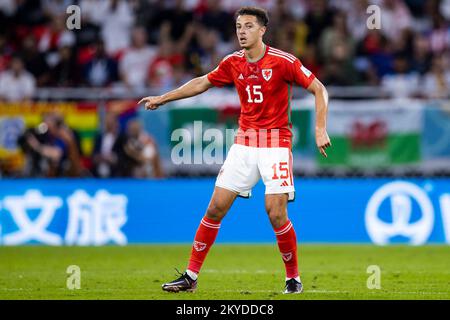 Ar Rayyan, Katar. 29.. November 2022. Fußball: Weltmeisterschaft, Wales - England, Vorrunde, Gruppe B, Spieltag 3, Ahmed bin Ali Stadion, Ethan Ampadu von Wales Gesten. Kredit: Tom Weller/dpa/Alamy Live News Stockfoto