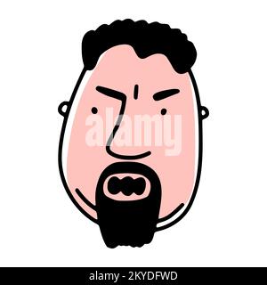 Doodle bärtiger Mann schreiend Gesicht. Handgezeichneter, böser Mensch, isoliert auf weißem Hintergrund. Böser Avatar. Cartoon wütender Mann. Süßes Porträt für Männer. Frisur Stock Vektor