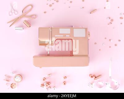 Atelier mit kreativem Konzept, Modestudio, Modedesigner, Schneider. 3D-Rendering-Luxus-Nähmaschine in Metall Gold mit Zubehör - Schere, Knöpfe Stockfoto