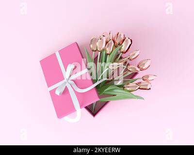 Goldene Tulpen in einer Geschenkbox mit Schleife aus Satinband auf pastellrosa Hintergrund, Draufsicht. Kopierbereich, abbildung 3D. Blick von oben, minimales Konzept. Stockfoto