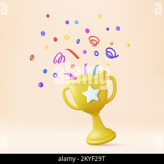 3D Preisträger-Symbol mit goldenem Pokal, goldene Gewinner-Stars mit Objekten, die herumschweben Stock Vektor