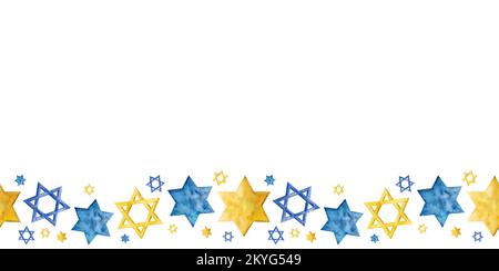 Handgezeichnetes nahtloses Banner mit horizontalem Rand für Hanukka und jüdische Feiertage mit blauen und gelben goldenen Sternen von David, Aquarell-Illustration für gr Stockfoto