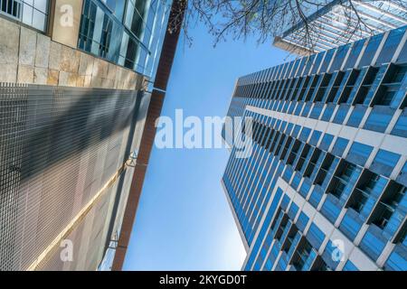Austin, Texas: Wohngebäude mit flachem Blickwinkel und moderner Fassade. Blick auf zwei Gebäude mit Metallwand auf der linken Seite und Glasaußenseite Stockfoto