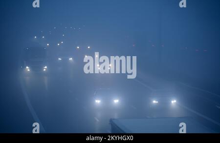 Schkeuditz, Deutschland. 01.. Dezember 2022. Autos und Lkw fahren bei Nebel und schlechter Sicht über die Autobahn A14. Kredit: Jan Woitas/dpa/Alamy Live News Stockfoto