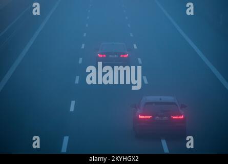 Schkeuditz, Deutschland. 01.. Dezember 2022. Autos fahren über die Autobahn A14 bei Nebel und schlechter Sicht. Kredit: Jan Woitas/dpa/Alamy Live News Stockfoto