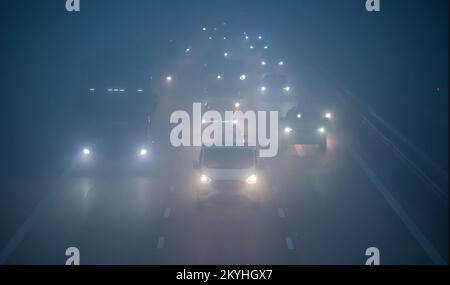 Schkeuditz, Deutschland. 01.. Dezember 2022. Autos und Lkw fahren bei Nebel und schlechter Sicht über die Autobahn A14. Kredit: Jan Woitas/dpa/Alamy Live News Stockfoto