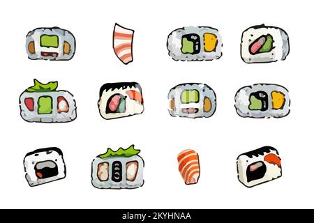 Vector-Sushi-Set. Brötchen Temaki und inari. Tolle Auswahl verschiedener Sushi-Arten, isoliert auf weißem Hintergrund. Stock Vektor