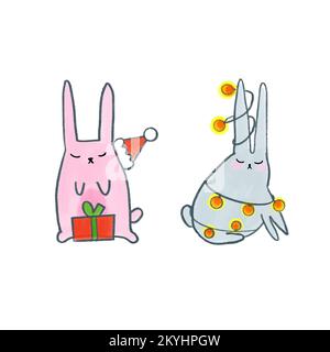 Frohes neues Jahr 2023, eine Gruppe süßer, witziger, weißer Hasenköpfe, eine Sammlung von Haschen-Figuren, ein Zeichnungsvektor mit niedlichen Tiermustern Stock Vektor