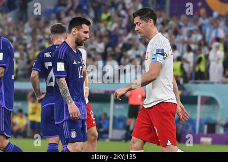 Von links: Lionel MESSI (ARG), Robert LEWANDOWSKI (POL). Game 39, Gruppe C Polen PO) - Argentinien (ARG) 0-2 am 30.. November 2022, Stadium 974 Fußball-Weltmeisterschaft 20122 in Katar ab November 20.. - 18.12.2022? Stockfoto