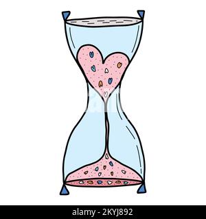 Handgezeichnete Sanduhr mit Herzen für Liebende. Designelemente für den Valentinstag. Vektor Stock Vektor