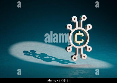 Wunderschöne abstrakte Illustrationen Symbol für Blockchain Token auf dunkelblauem Hintergrund. 3D-Rendering-Abbildung. Hintergrundmuster für Konstruktion. Stockfoto