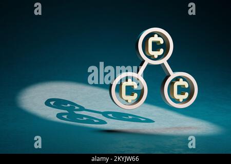 Wunderschöne abstrakte Illustrationen Symbol für Blockchain Coins Token auf dunkelblauem Hintergrund. 3D-Rendering-Abbildung. Hintergrundmuster für Beschreibung Stockfoto