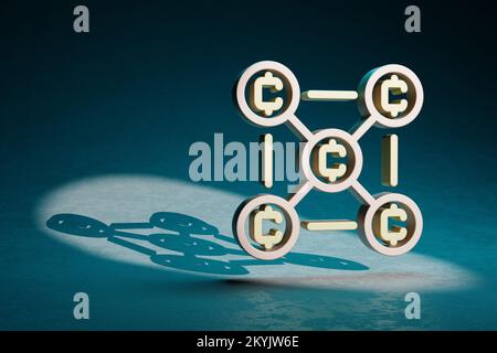Wunderschöne abstrakte Illustrationen Blockchain Münzen Symbol Symbol auf dunkelblauem Hintergrund. 3D-Rendering-Abbildung. Hintergrundmuster für Konstruktion. Stockfoto