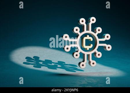 Wunderschöne abstrakte Illustrationen Symbol für Blockchain Token auf dunkelblauem Hintergrund. 3D-Rendering-Abbildung. Hintergrundmuster für Konstruktion. Stockfoto