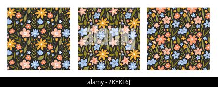Eine Reihe nahtloser botanischer Muster mit Blumen, Blättern, Zweigen auf dunklem Hintergrund. Vektordarstellung in handgezeichneter flacher Form. Perfekt für Dekorationen, Tapeten, Geschenkpapier. Blumenmuster. Stock Vektor