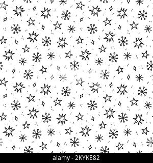 Süßes nahtloses Wintermuster mit Schneeflocken und Sternen. Handgezeichnete Vektorgrafik. Perfekt zum Einpacken von Papier, Dekorationen, Tapeten, Feiertagen- und Weihnachtsdesigns. Stock Vektor