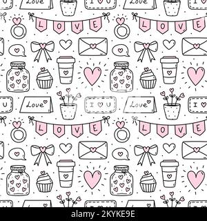 Niedliches Nahtloses Muster zum Valentinstag mit Herzen, Girlande, Ring, Schleifen, Liebesbriefen und Umschlägen. Handgezeichnete Vektorgrafik. Perfekt für Weihnachtsdesigns, Print, Dekorationen. Stock Vektor
