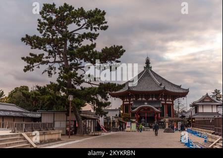 Nara, Japan - 5. Januar 2020. Außenaufnahme des Nara Parks. Nara ist eine historische Stadt in Japan, berühmt für ihre vielen Tempel und Schreine. Viele Menschen besuchen die ersten Tage des neuen Jahres. Stockfoto