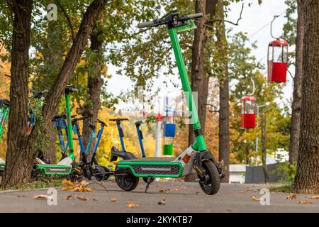 Elektrische Roller mit bunten Kabinen auf der Straße im Herbst. Öffentlicher E-Roller im Erholungsbereich mit verschwommenem Hintergrund Stockfoto