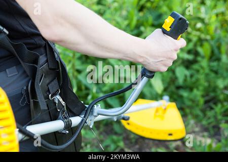 Der Rasenmäher mäht Brennnesseln mit einem Trimmer, Nahaufnahme in der Hand Stockfoto