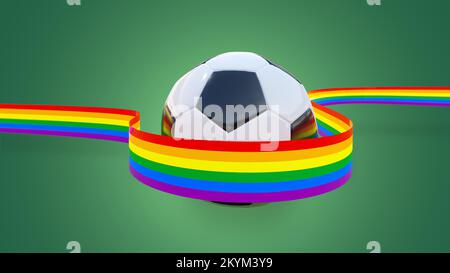Ein Regenbogen-Fahnenband um einen Fußball oder Fußball. 3D-Rendern. Stockfoto