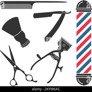 Ikonenset im Friseursalon mit Schere, Rasierer, Kamm, manuellem Haarschneider und Rasierbürste, Vektorabbildung Stock Vektor