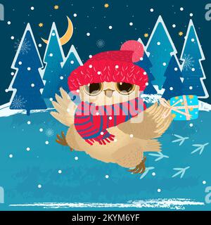 Die lustige Eule läuft mit einem Geschenk durch den Winterwald. Frohes neues Jahr und Weihnachtsgrußkarte im Cartoon-Stil. vektordarstellung Stock Vektor